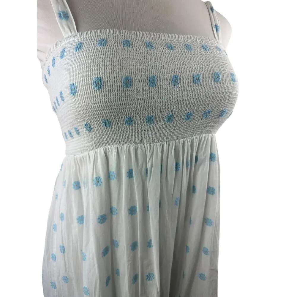 Zara Floral Embroidered Tiered Maxi Sundress Smocked White Blue Dress Size Large - Picture 4 of 16